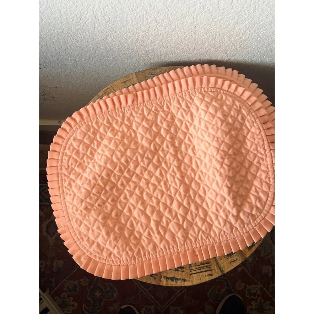 Set of Quilted Ruffle Trim Oval‎ Placemats Peach Pink Cottagecore Table Decor